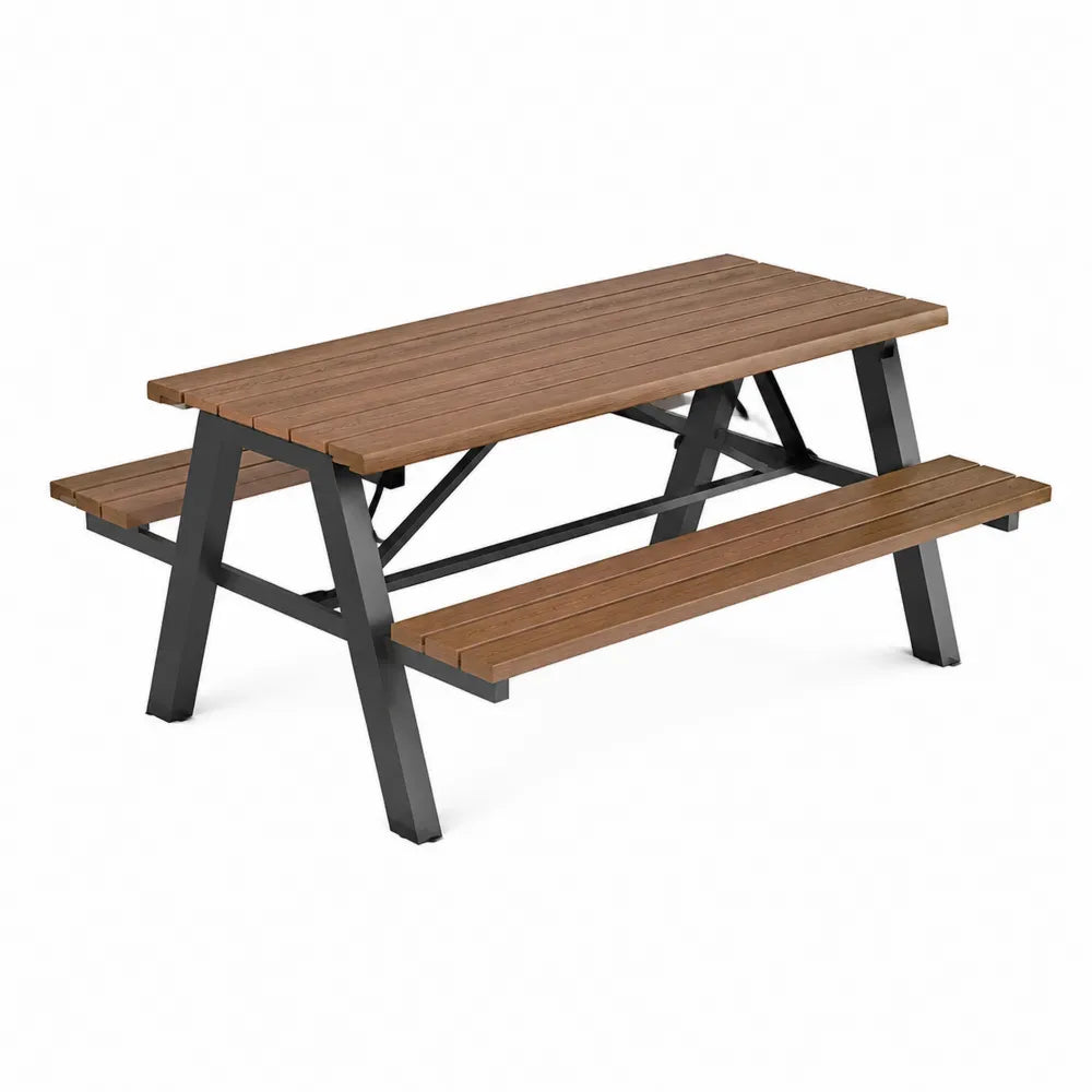 Table de pique-nique extérieure rectangulaire 180 cm x 145 cm x 75 cm en bois d’acacia massif et acier noir avec 2 bancs intégrés