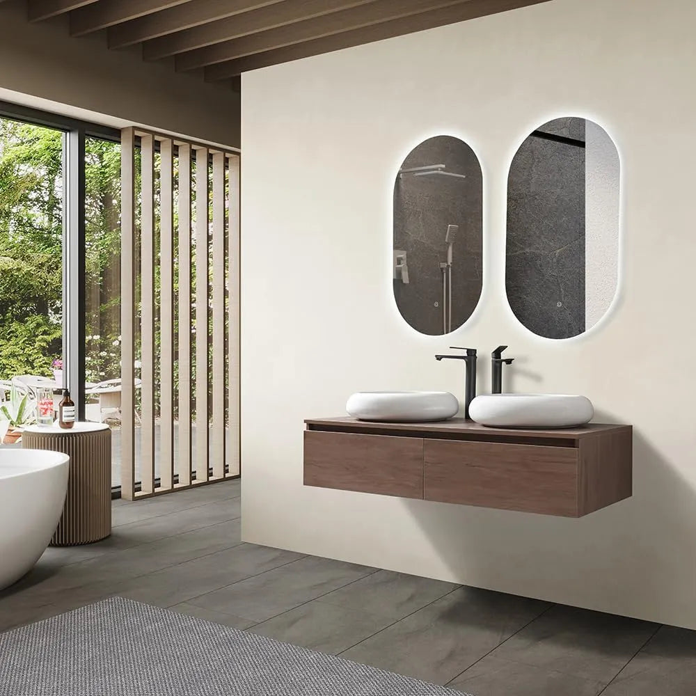 Ensemble Meuble de Salle de Bain 120cm avec Double Vasque et Miroir LED, Finition Bois Foncé