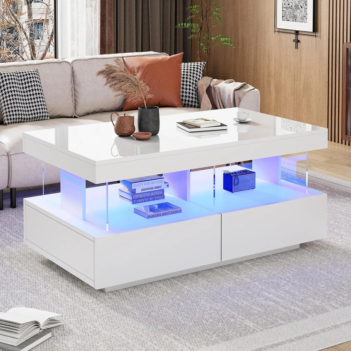 Table basse moderne rectangulaire Merax avec LED et rangement