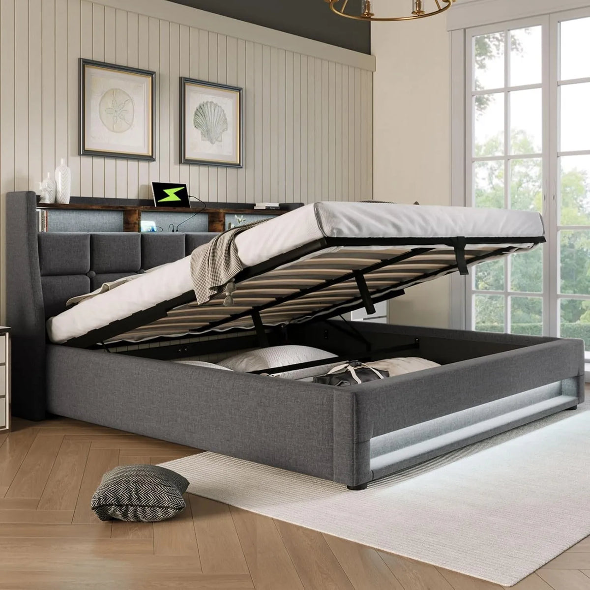 Lit Double Rembourré avec Rangement et LED, Sommier en Bois 140x200cm pour Ados (Gris, Sans Matelas)