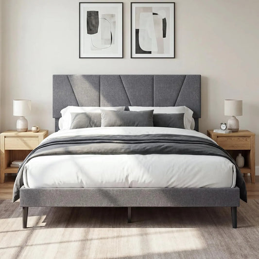 Cadre de Lit Double COSTWAY avec Sommier Réglable 140x200 cm, Tête de Lit Rembourrée, Finition Gris Foncé, Lattes en Bois Silencieuses, Montage Facile