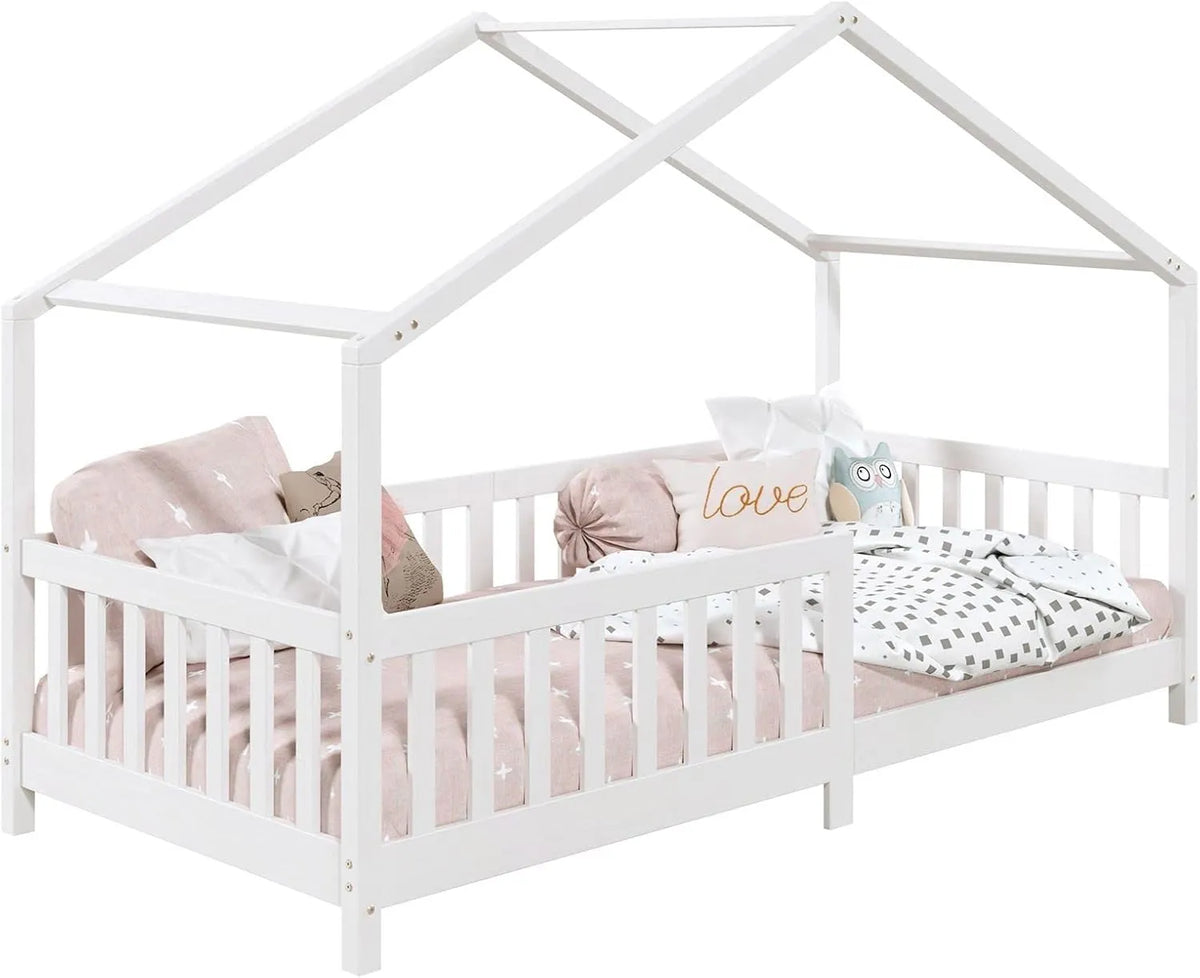 Lit cabane enfant Montessori 90x190 cm en bois massif blanc avec barrières de sécurité