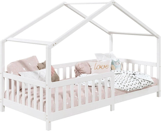 Lit cabane enfant Montessori 90x190 cm en bois massif blanc avec barrières de sécurité