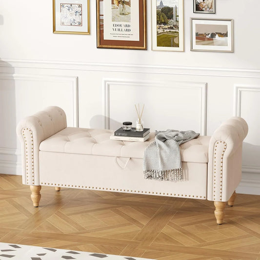 Banquette de Rangement en Lin Beige avec Accoudoirs pour Salon ou Chambre