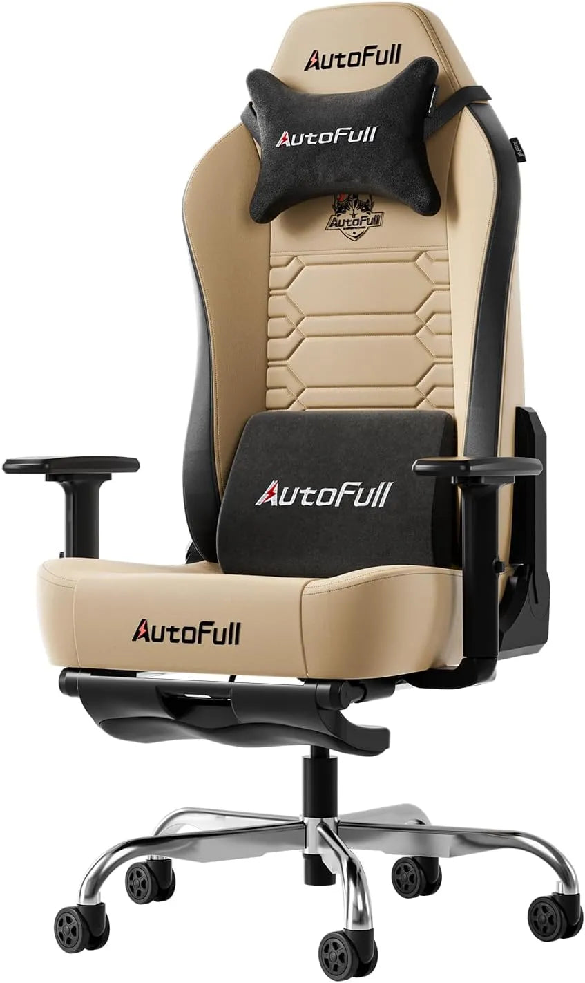 Chaise de Gaming Ergonomique AutoFull C3 avec Coussin Lombaire Velours et Accoudoirs 3D Réglables, Cuir Durable, Inclinaison 160° et Repose-Pieds, Marron