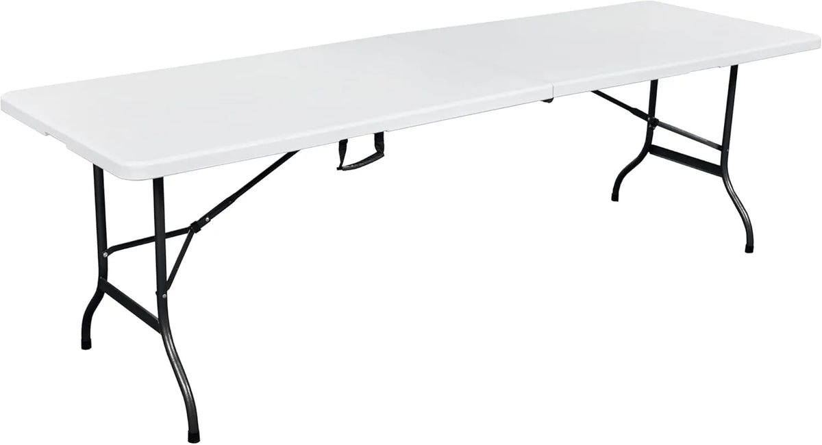 Table pliante professionnelle extérieure en acier et polyéthylène, 243x75x73 cm, blanche, résistante à l'eau
