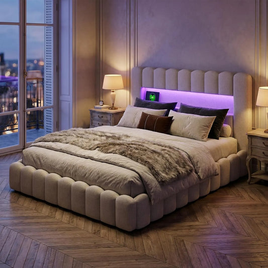 Lit Coffre Double 160x200 cm avec Éclairage LED, Port USB et Espaces de Rangement - Beige