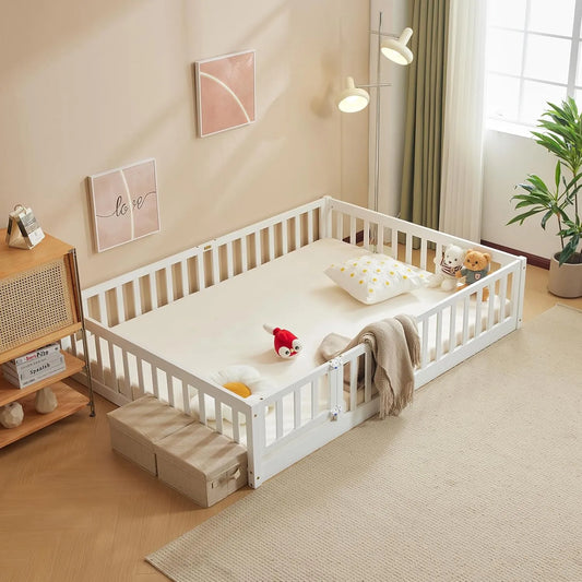 Lit Enfant Montessori en Bois Massif 140x200 cm - Sécurité Optimale avec Barrière et Structure Solide - Design Blanc pour Chambre Enfant