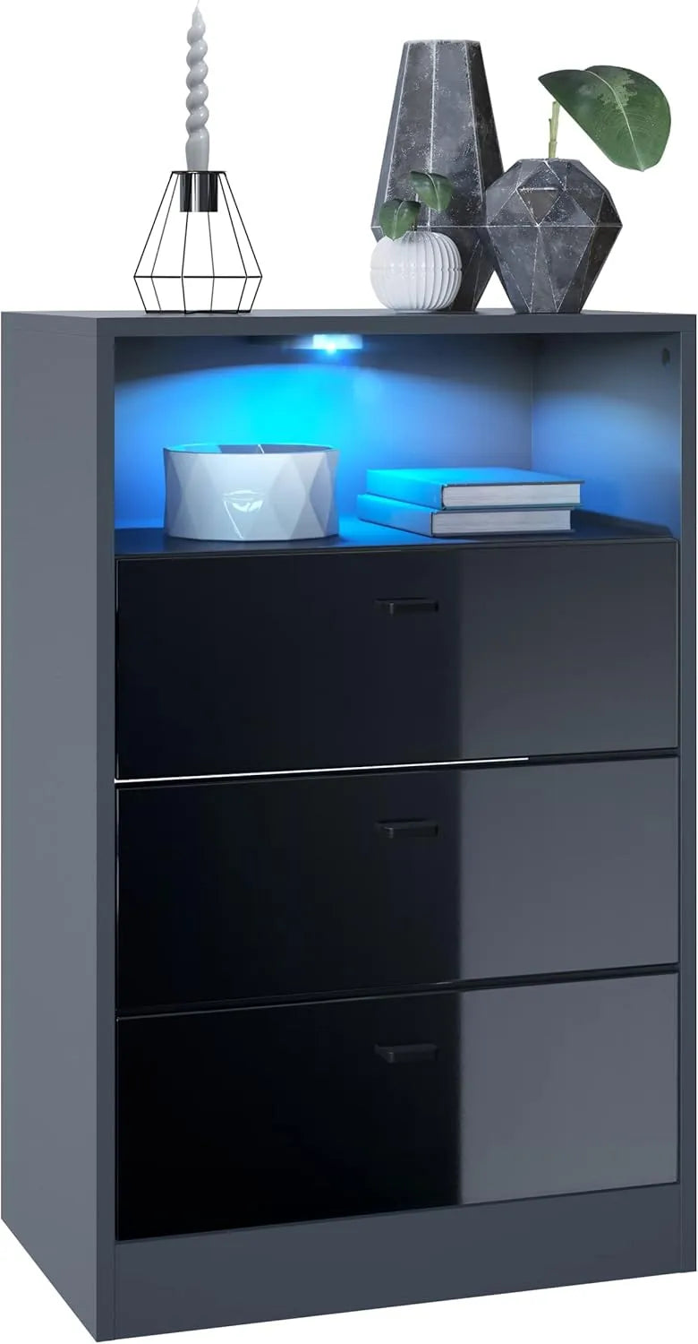Commode Vladon Pino V2 avec LED, 3 Tiroirs & Compartiment Ouvert, Anthracite/Noir Brillant
