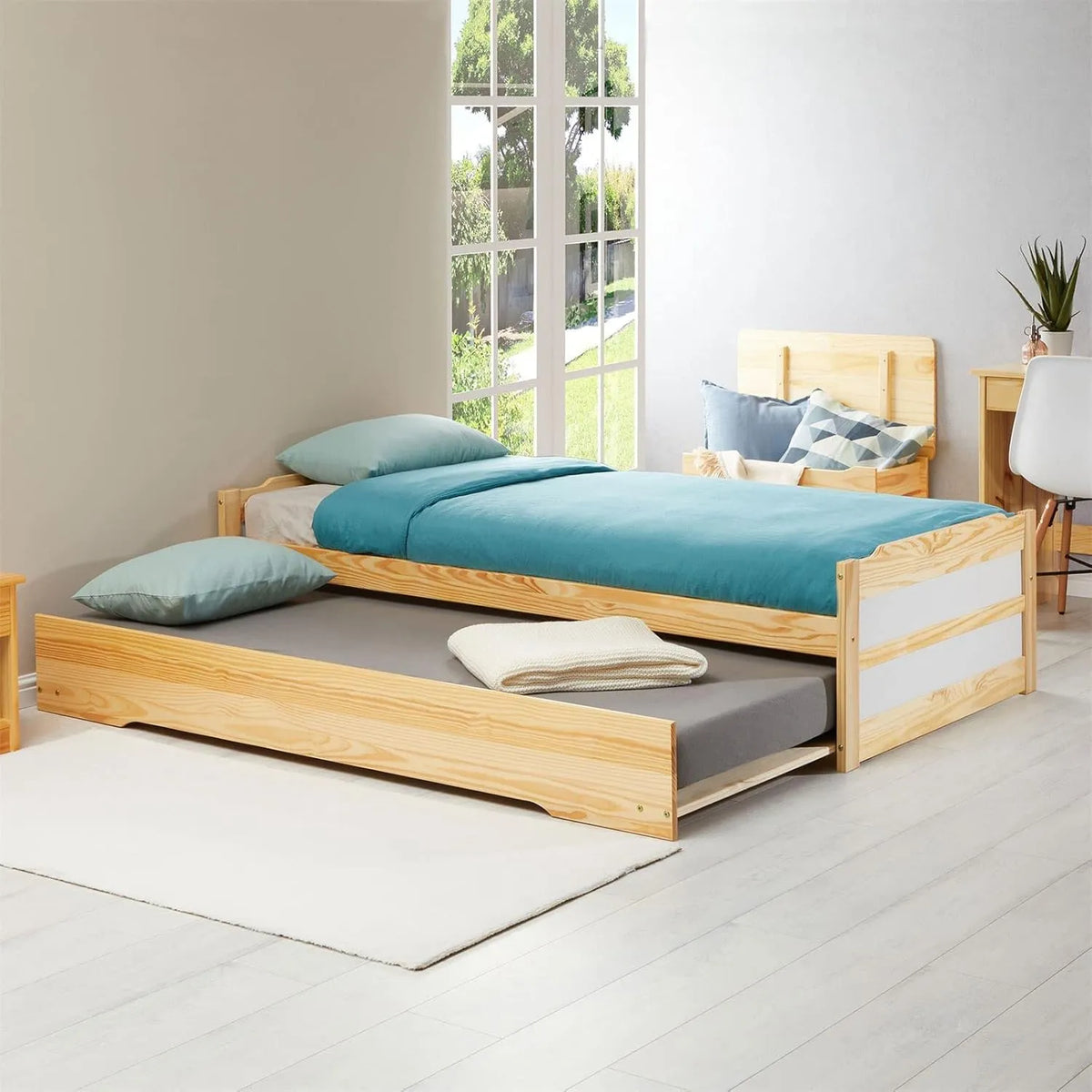 IDIMEX Cadre de Lit Gigogne Lorena 90x190 cm avec Tiroir Fonctionnel en Pin Massif Naturel et Blanc