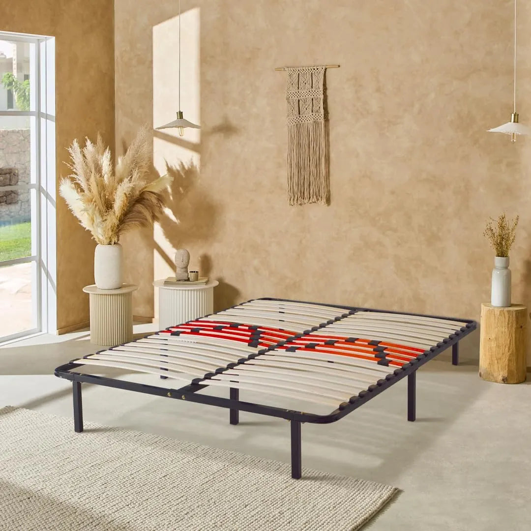Sommier Ajustable 140x190 cm avec Pieds, Cadre en Métal et Lattes Bois, Confort Ergonomique pour Lit Double
