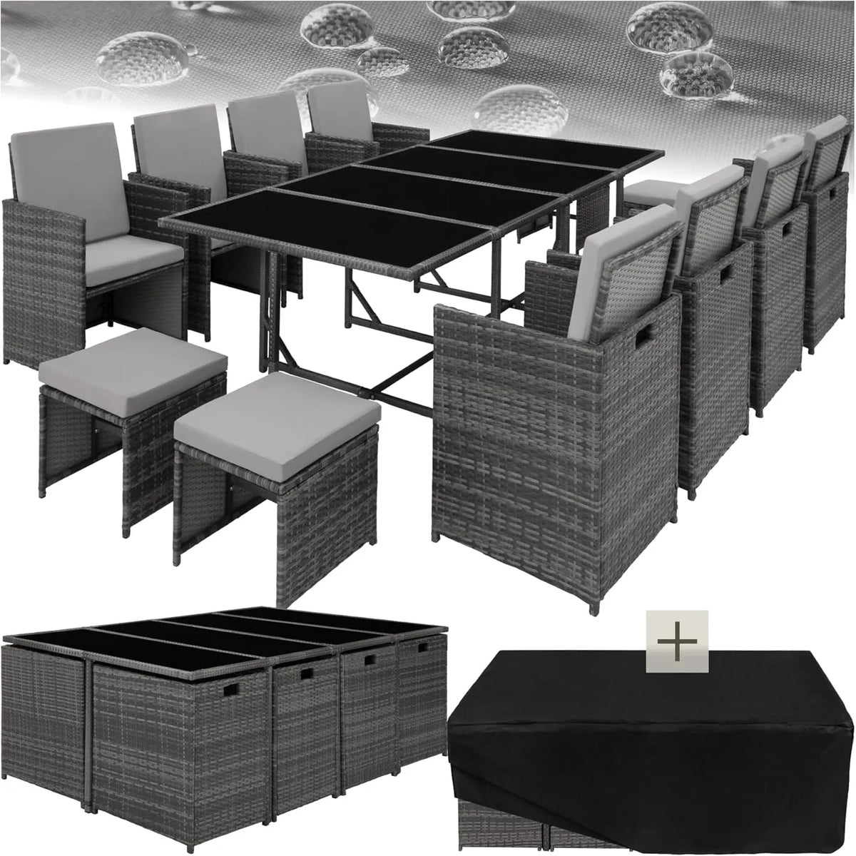 Ensemble de jardin en résine tressée avec table, 8 chaises et 4 tabourets - Confort extérieur idéal terrasses et balcons - Gris