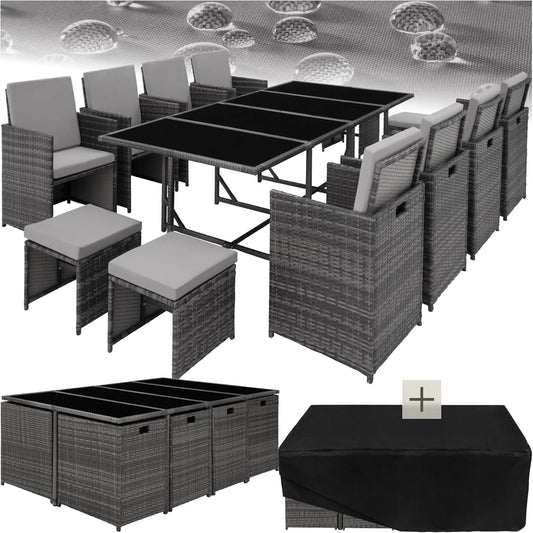 Ensemble de jardin en résine tressée avec table, 8 chaises et 4 tabourets - Confort extérieur idéal terrasses et balcons - Gris