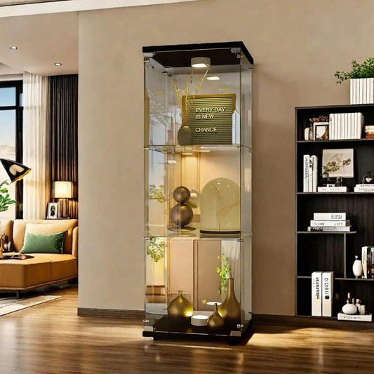 Vitrine en verre trempé moderne avec LED, 3 étagères et porte unique, pour salon, chambre ou bureau, 42x36x125cm - Noir