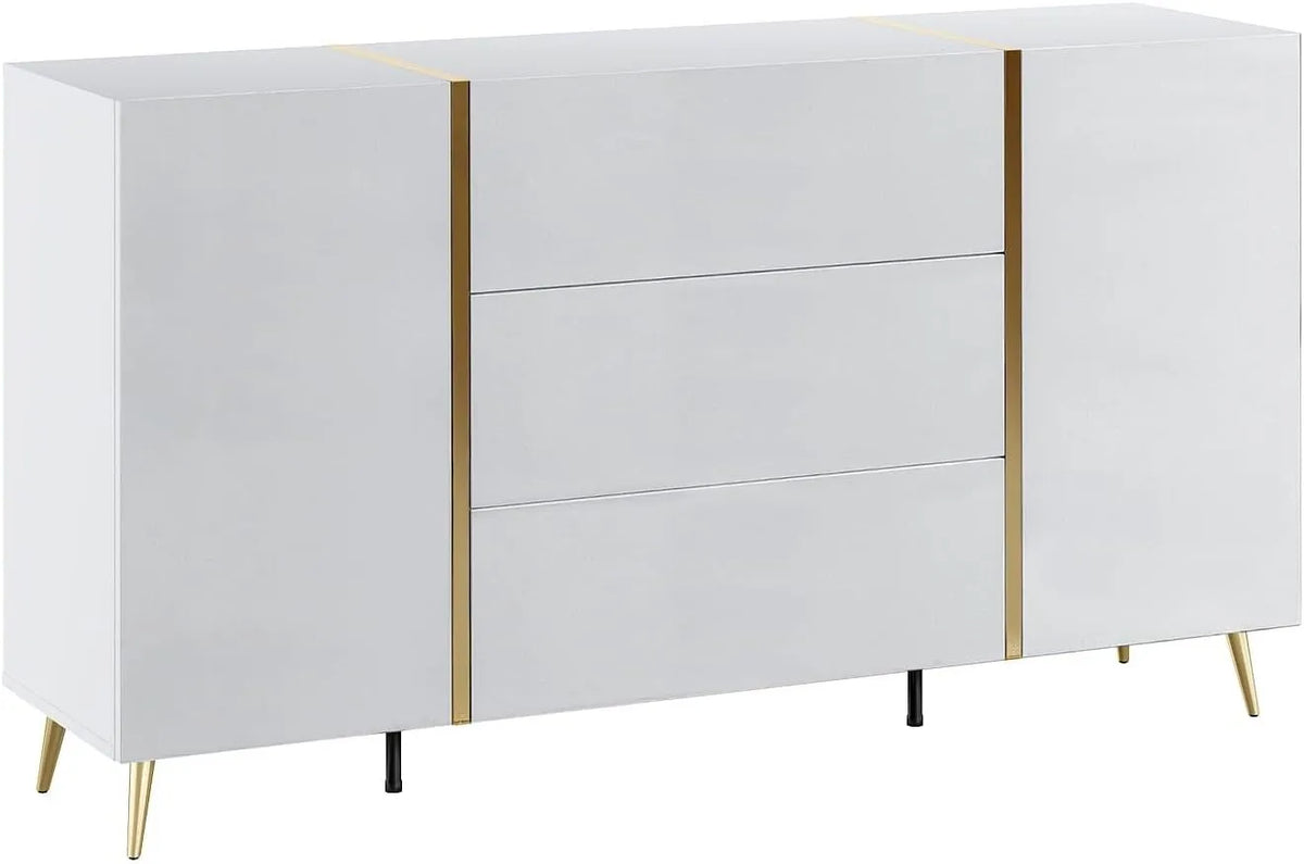 Buffet Design MARZIALO avec Portes et Tiroirs - Finition Blanc et Doré