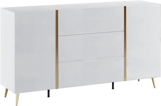 Buffet Design MARZIALO avec Portes et Tiroirs - Finition Blanc et Doré