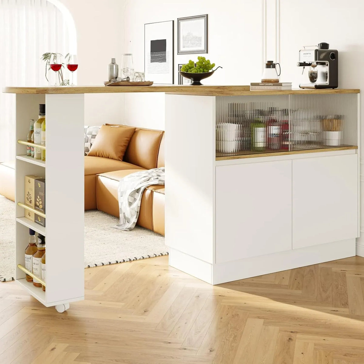 Table de Bar Extensible avec Rangement, Meuble avec Portes en Verre et Étagères Pivotantes à 360° (Blanc)