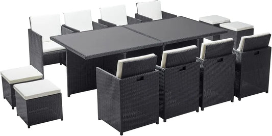 Ensemble de Jardin 12 Places en Résine Tressée avec Table en Verre – Monaco Noir/Blanc