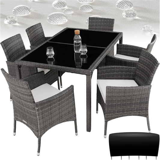 Ensemble de Jardin en Rotin Synthétique avec Table et 6 Chaises - Résistant aux UV - Gris/Blanc
