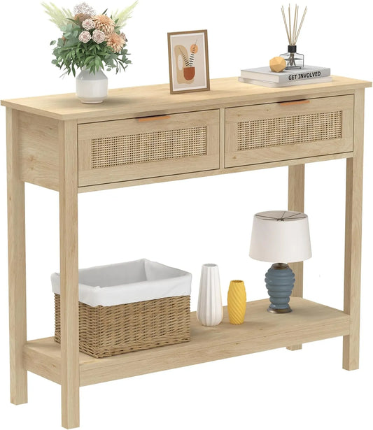 Console en rotin style Bohème avec étagères et tiroirs, meuble d'entrée rustique pour salon ou hall