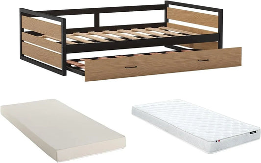 Lit Gigogne Enfant Industriel Boston - 90x190 cm - MDF, Bois et Métal - Noyer/Anthracite avec Matelas
