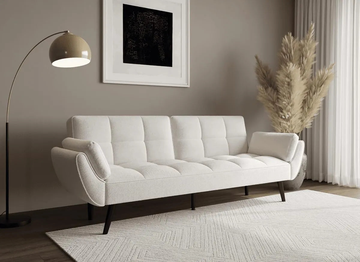 Canapé Convertible 3 Places en Tissu Bouclette Blanc Écru - Modèle Nara