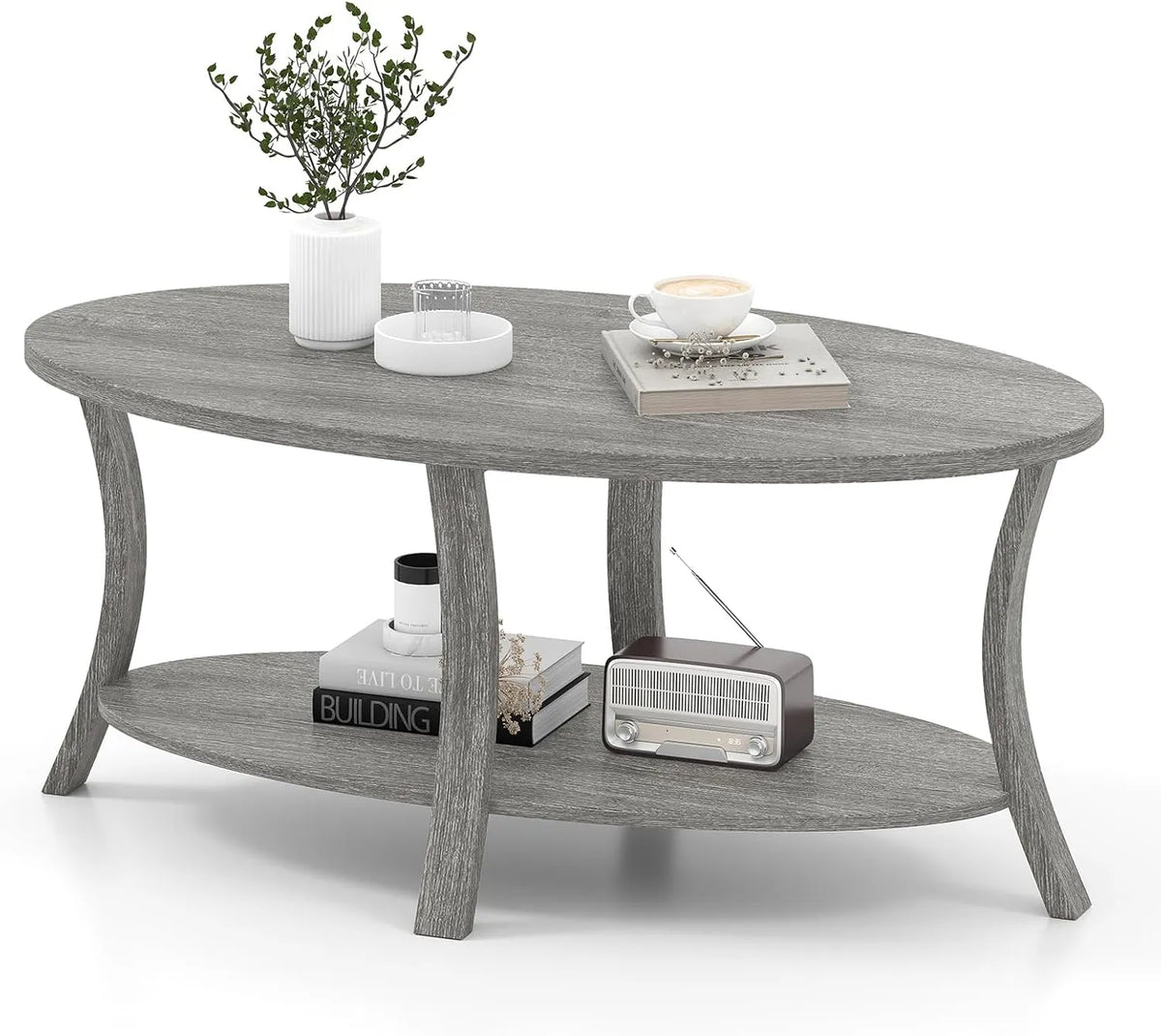 Table Basse Ovale en Bois d'Hévéa avec Étagère Intégrée, Design Rustique pour Salon et Bureau, 111 x 60,5 x 47 cm (Gris)