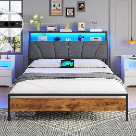 Lit Double Métal 140x200 avec Sommier et LED, Prises AC/USB, Rangement, Assemblage Facile, Design Vintage Marron Gris