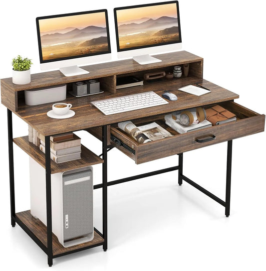 Bureau d'Ordinateur Industriel avec Étagères et Tiroir de Rangement, 120 cm, Marron