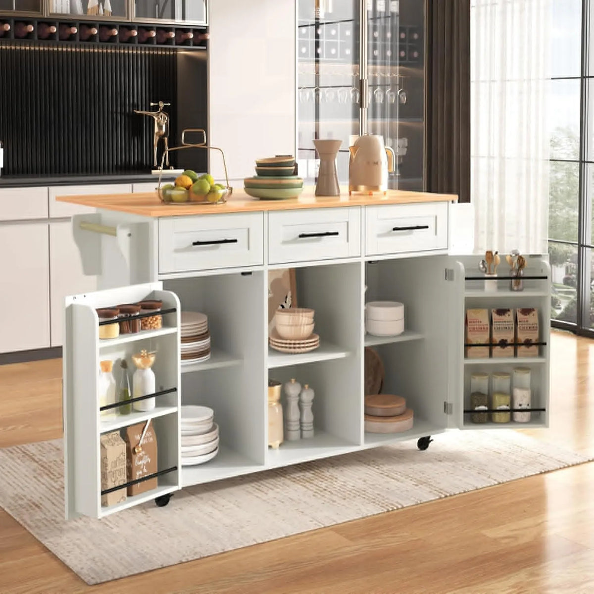 Chariot de Cuisine Blanc avec Plan Extensible et Roulettes, Rangement à 3 Tiroirs et 6 Étagères, 139 x 91,5 x 46-71 cm