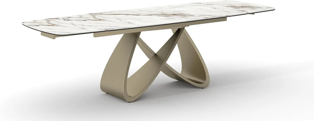 Table à rallonge Zeno en verre céramique Calacatta avec pieds dorés, pour cuisine et salon, 180 x 90 x 76 cm