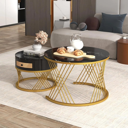 Ensemble de 2 Tables Basses Rondes en MDF Effet Marbre avec Cadre en Métal Noir et Doré