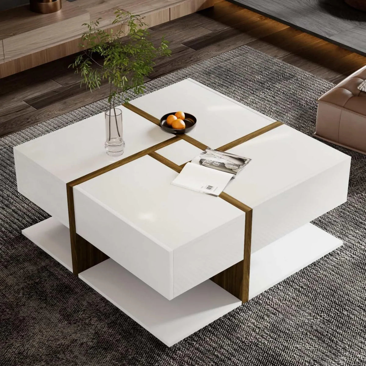 Table basse carrée blanche avec rangement intégré et tiroirs modernes