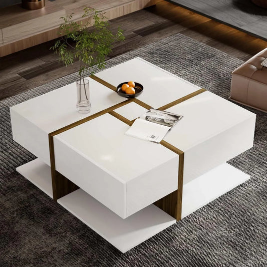 Table basse carrée blanche avec rangement intégré et tiroirs modernes