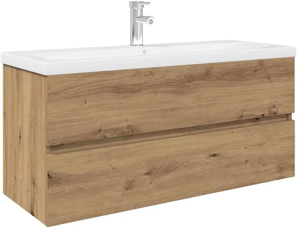 Meuble de Salle de Bain avec Lavabo et Robinet en Chêne, Armoire de Rangement Intégrée