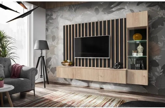 Ensemble meuble TV moderne Verti 220 cm finition bois naturel et noir