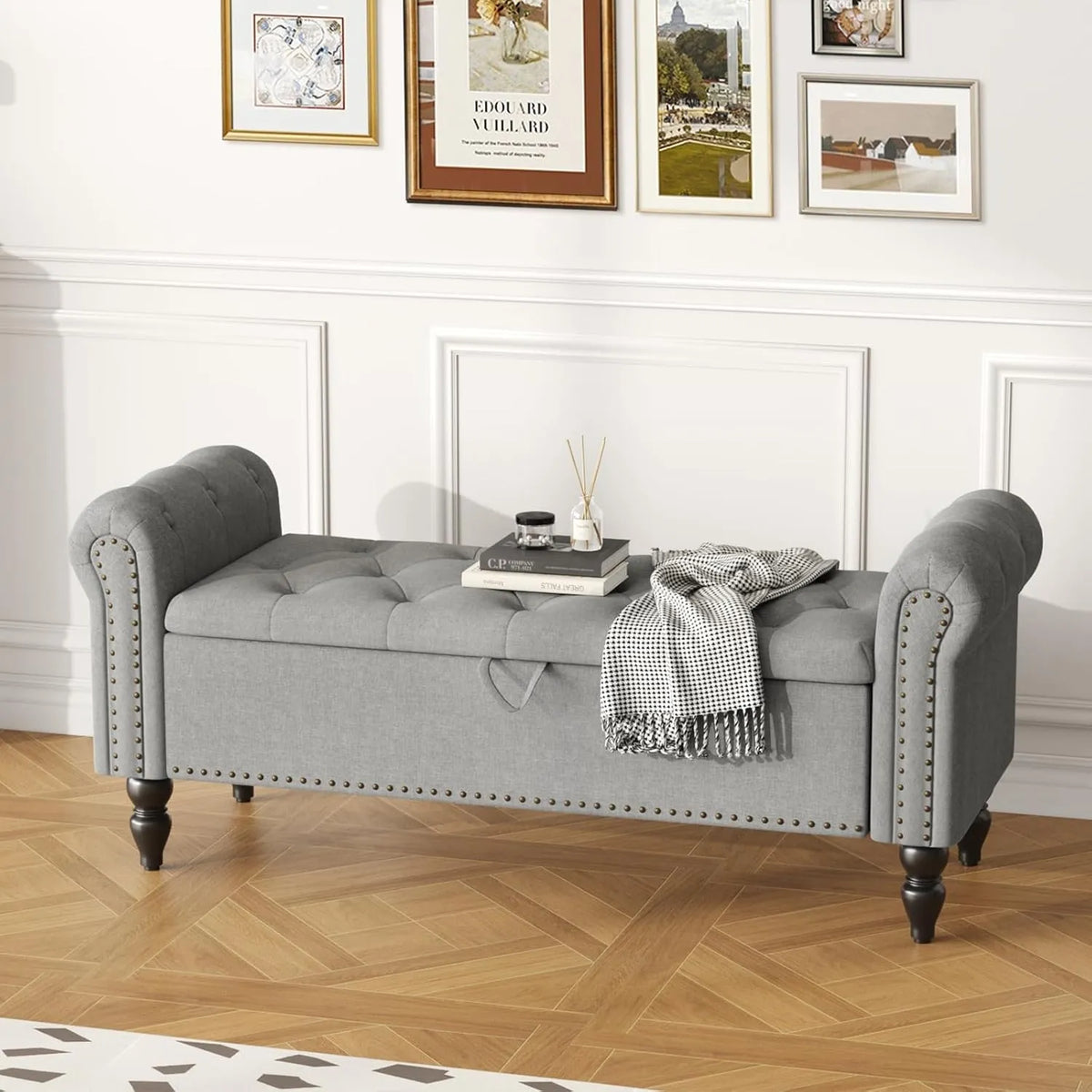 Banc de Rangement Pliable en Lin Gris 132x45x53cm pour Salon et Chambre