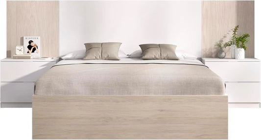 Lit avec tête de lit et tables de nuit, 2 tiroirs, LOMA, 140 x 190 cm, chêne naturel/blanc