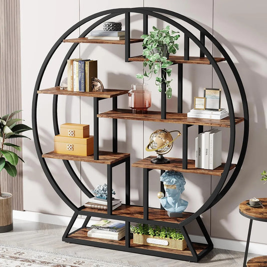 Étagère Ronde Industrielle à 5 Niveaux pour Salon et Bureau, 8 Compartiments, Marron Rustique
