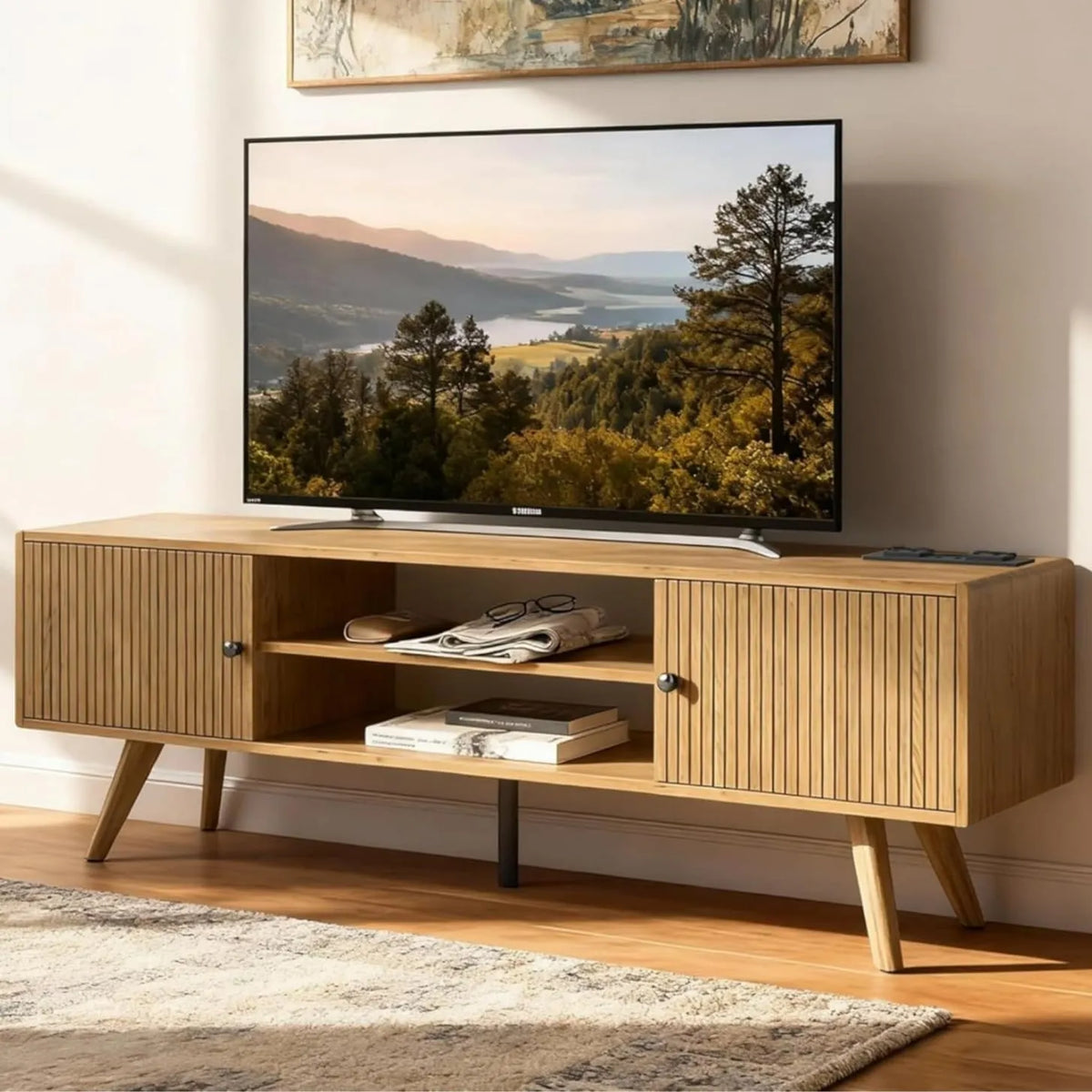 Meuble TV Moderne en Chêne 140 cm avec Rangement, Montage Facile et Solide