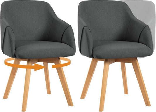 Chaises Pivotantes Confort Mid-Century 360° avec Accoudoirs, Lot de 2, Pieds en Bois, Revêtement en Tissu Gris