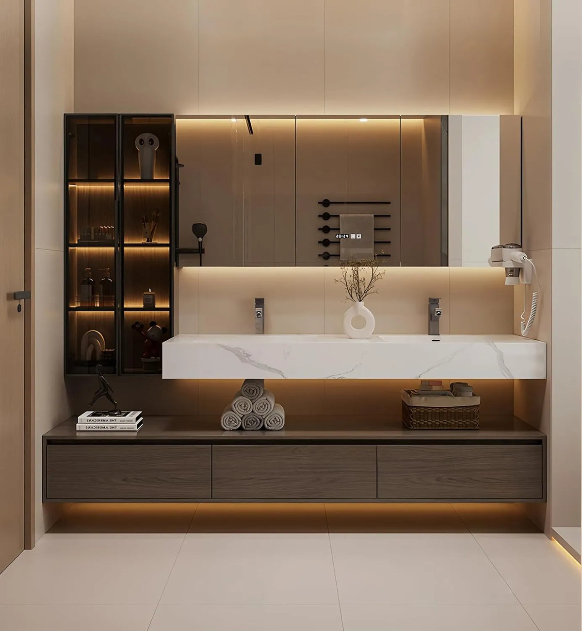 Ensemble de Meuble Salle de Bain Moderne 183 cm avec Double Vasque, Miroir Anti-Buée et Plateau en Marbre, Armoire Latérale en Verre