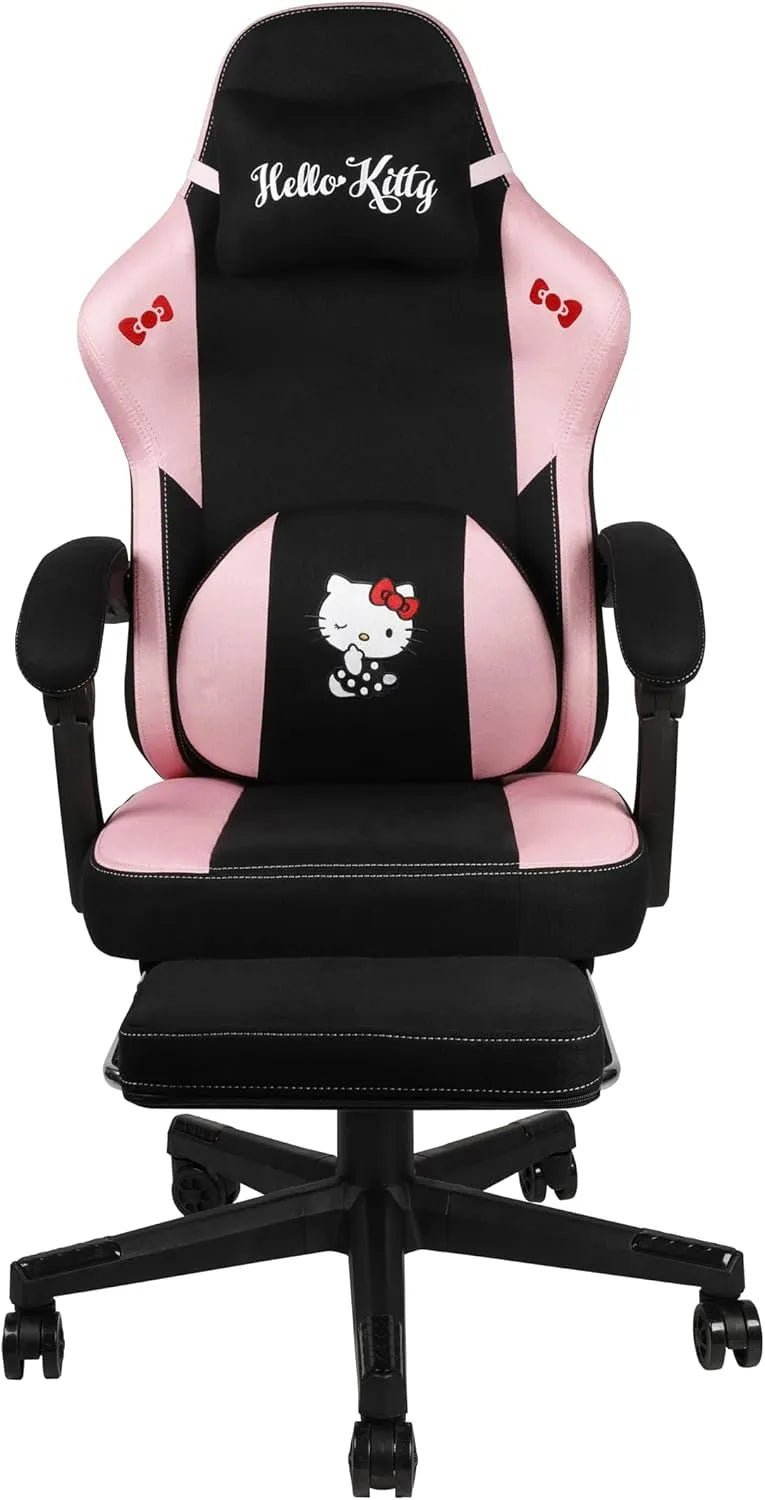 Chaise Gaming Hello Kitty par Konix - Siège Inclinable 150° - Tissu Confortable - Structure Solide Bois et Métal - Avec Coussin et Repose-Pieds - Noir/Rose