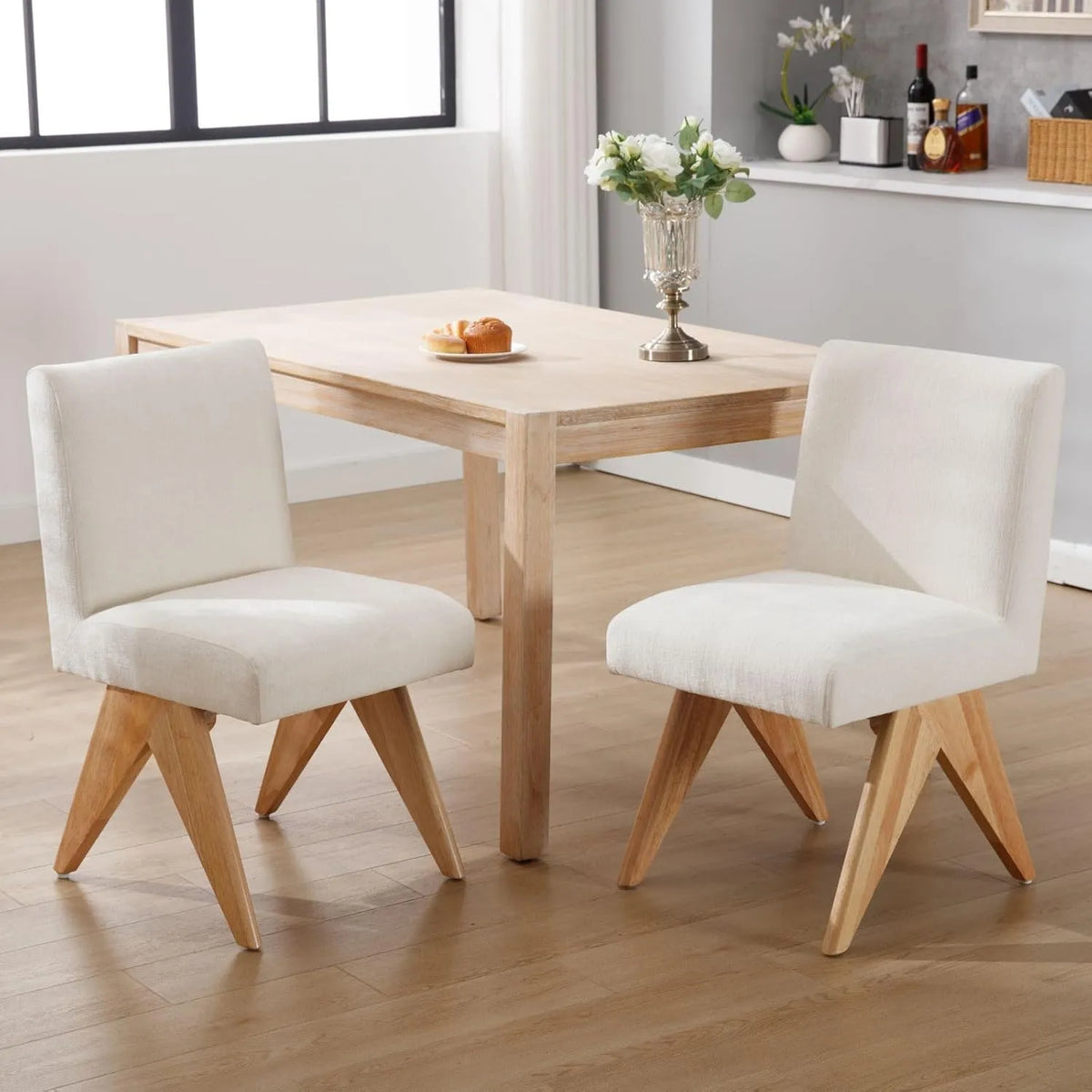 Ensemble de 2 Chaises de Cuisine Vintage en Chenille avec Pieds en Bois en V, Pour Salle à Manger ou Salon, Beige
