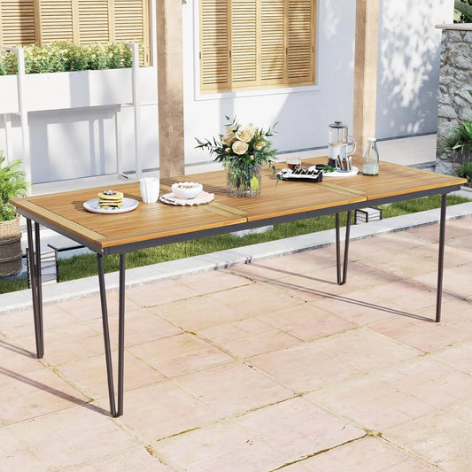 Table de Jardin en Bois d'Acacia pour 8 Personnes avec Cadre Métallique et Trou de Parasol