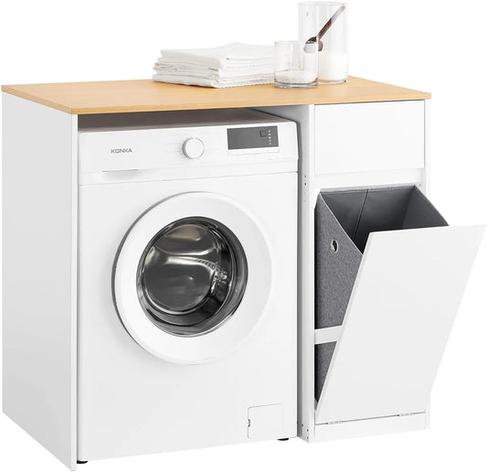 Meuble de Salle de Bain avec Panier à Linge et Tiroir pour Lave-Linge, Blanc