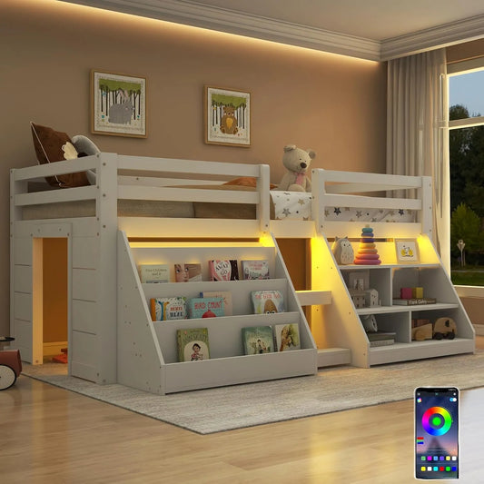Lit superposé enfant 90x200 cm avec rangements multiples et barrière de sécurité, pin blanc