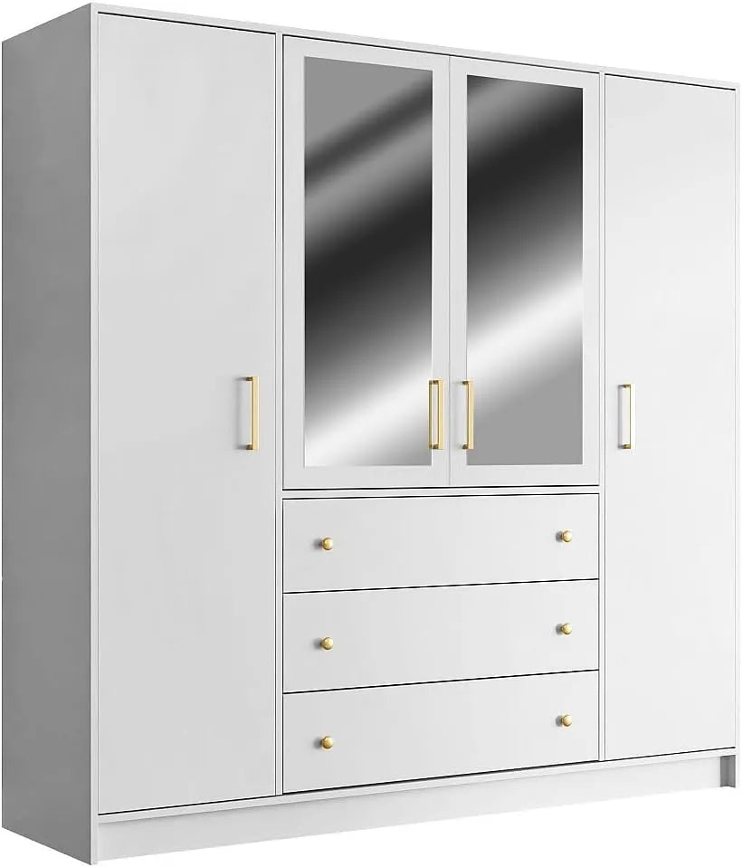 Armoire Moderne 4 Portes avec Miroirs et 3 Tiroirs - 196 cm - Blanc Lizandro