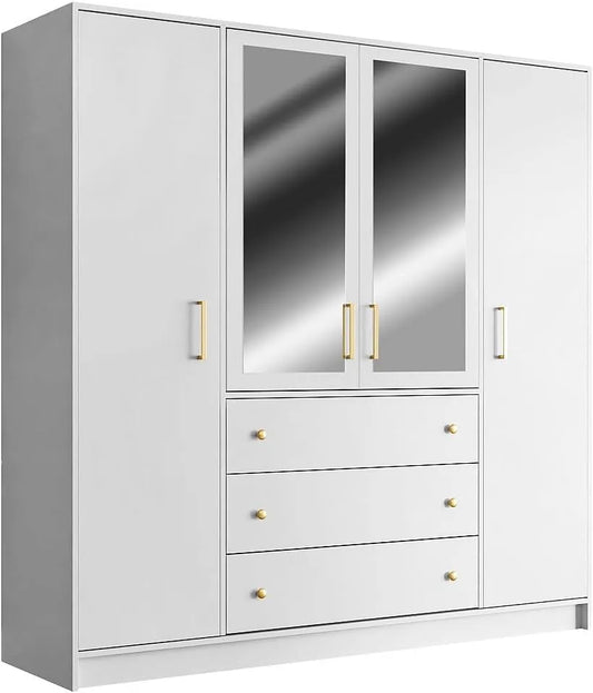 Armoire Moderne 4 Portes avec Miroirs et 3 Tiroirs - 196 cm - Blanc Lizandro