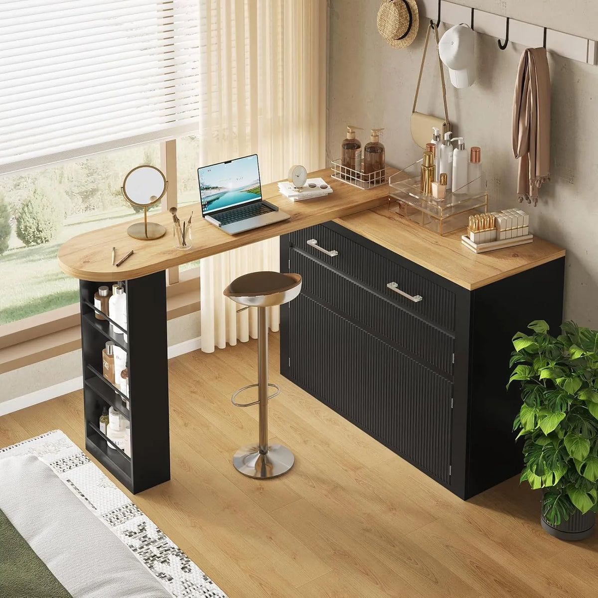Table de Bar Moderne Extensible avec Rangement Intégré et Roulettes Verrouillables, Noir, 137-215 cm